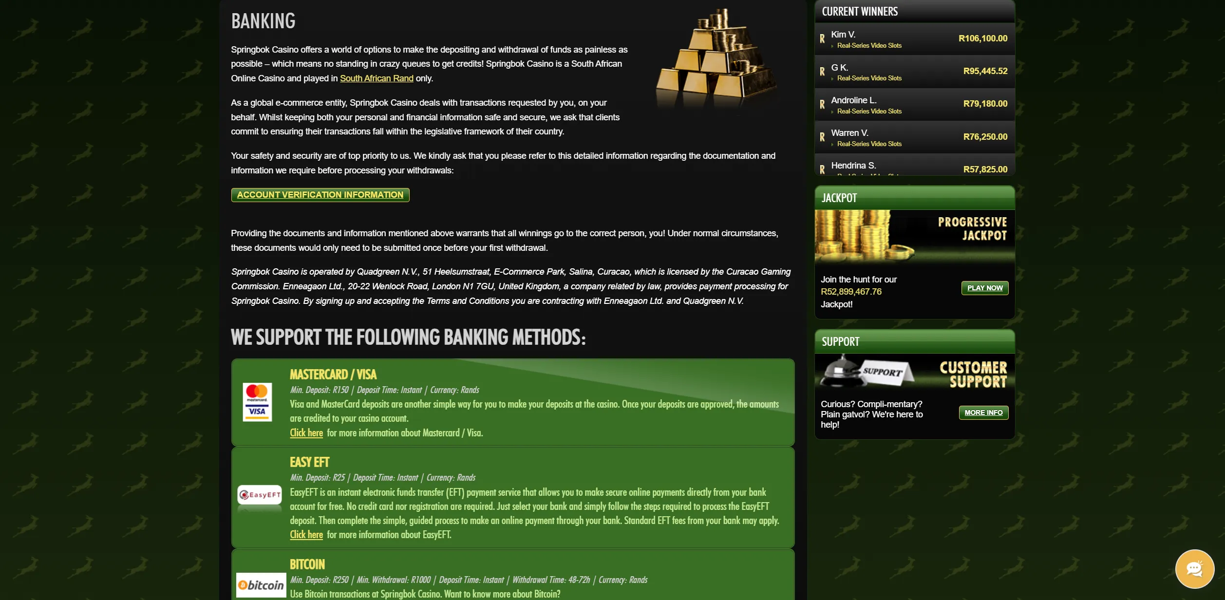 Screenshot of Springbokcasino.co.za - No Deposit Casino - R250 for free to test Springbok Casino